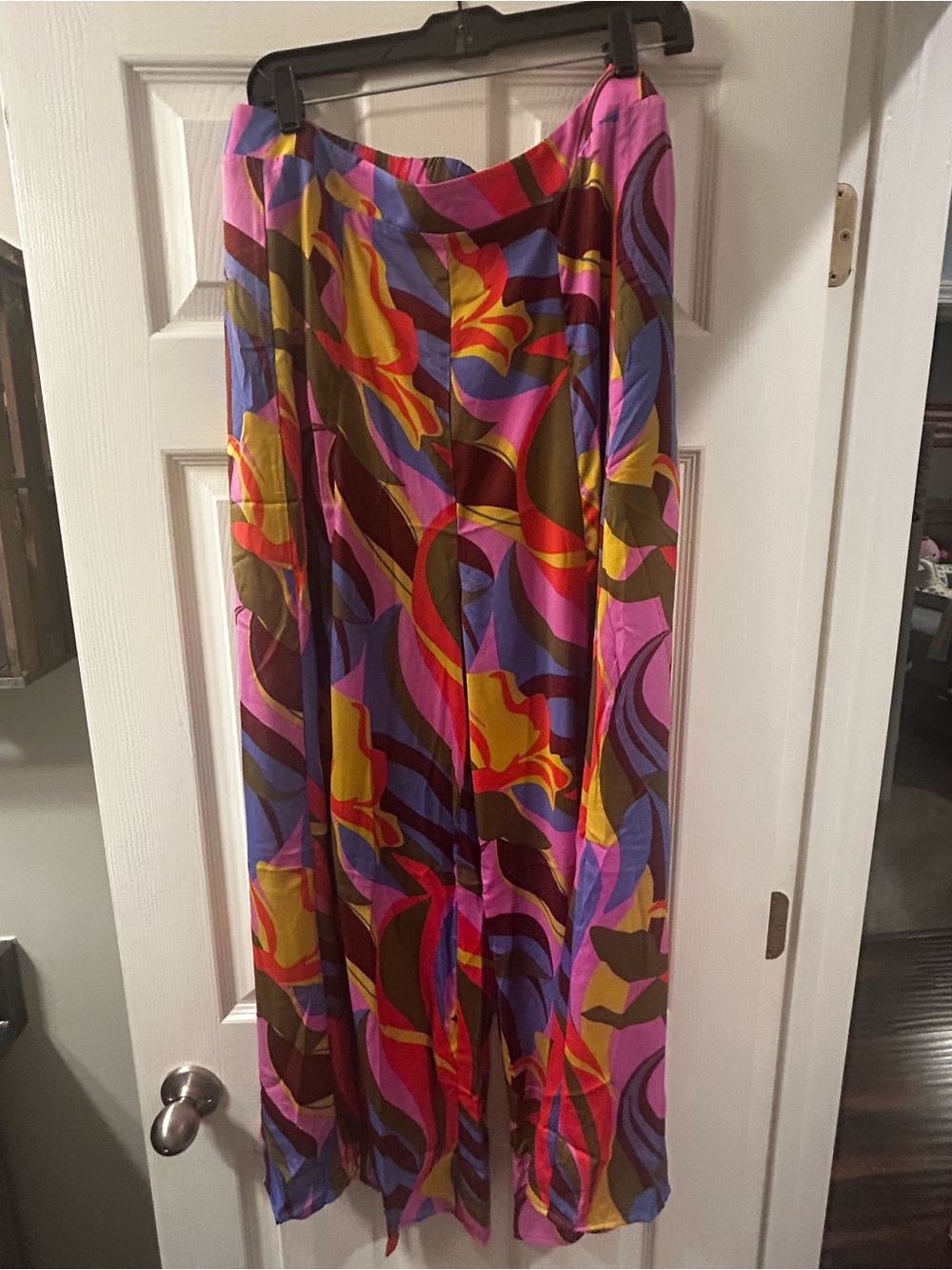 easel Wide-Leg Pants in Pink, Purple, Yellow & Brown Abstract Print